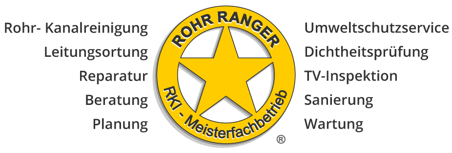 Logo Rohr Ranger mit Angeboten: Rohr- Kanalreinigung, Leitungsortung, Reparatur, Beratung, Planung, Umweltschutzservice, Dichtheitsprüfung, TV-Inspektion, Sanierung, Wartung